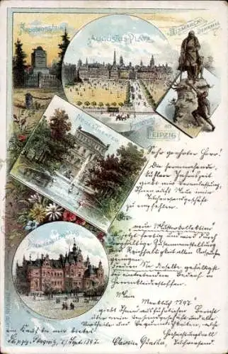 Litho Leipzig, Augustusplatz, Napoleonstein, Neues Theater, Buchhändlerhaus, Bismarckdenkmal