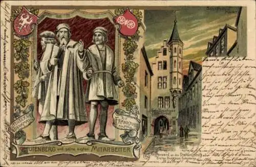 Wappen Litho Mainz in Rheinland Pfalz, Gutenberg Feier 1900, Schöffer, Fust, Brauhaus Schöfferhof