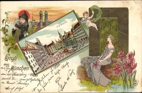 Jugendstil Passepartout Litho München Bayern, Marienplatz, Kindl, Frauenkirche