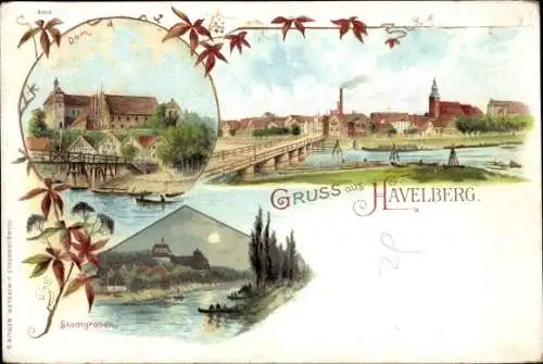 Litho Havelberg in Sachsen Anhalt, Stadtgraben, Dom, Teilansicht