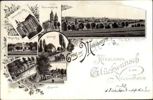 Litho Mühlhausen in Thüringen, Glückwunsch Neujahr, Peterhof, Kirchen, Weißes Haus, Popperode