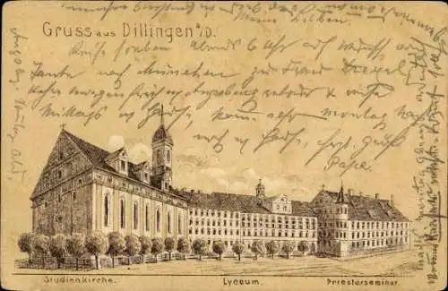 Litho Dillingen an der Donau, Studienkirche, Priesterseminar, Lyzeum