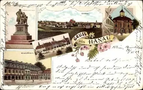 Litho Hanau am Main, Marktplatz, Frankfurter Tor, Wilhelmbad, Totalansicht