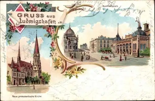 Litho Ludwigshafen am Rhein Rheinland Pfalz, Neue protestantische Kirche, Bahnhofsvorplatz