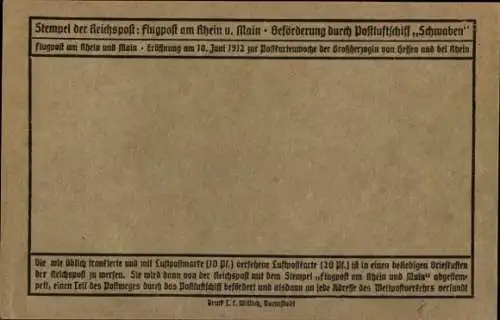 Ak Flug-Postkarte, Flugpost am Rhein und Main, Beförderung duch Postluftschiff Schwaben