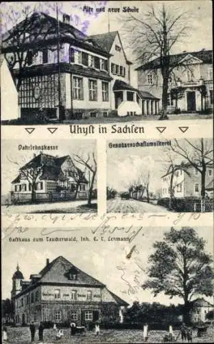 Ak Uhyst am Taucher Burkau in Sachsen, Alte und neue Schule, Gasthaus zum Taucherwald