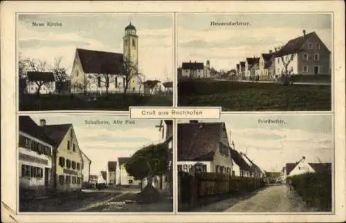 Ak Bechhofen Mittelfranken, Neue Kirche, Schulhaus, Friedhofstraße, Heinersdorferstraße