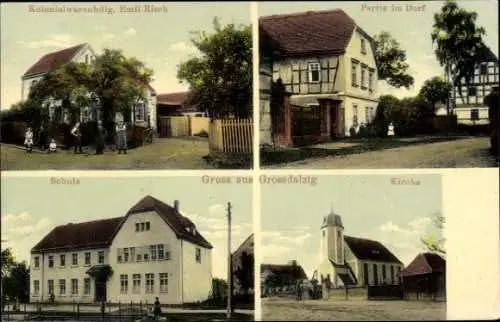 Ak Großdalzig Zwenkau in Sachsen, Schule, Kirche, Kolonialwaren-Geschäft