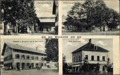 Ak Bruckmühl in Oberbayern, Wirtschaftsgarten, Villa Garnreiter, Gasthof, Metzgerei