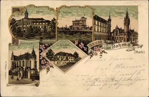 Litho Dahme in der Mark, Schloss, Bahnhof, Rathaus, Victoria-Stift, Landwirtschafts-Schule