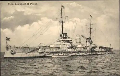 Ak Deutsches Kriegsschiff SMS Posen, Großlinienschiff, Nassau Klasse, Kaiserliche Marine, GLK