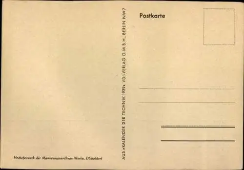 Ak Düsseldorf am Rhein, Mannesmannröhren-Werke, Hochofenwerk, Kalender der Technik 1939