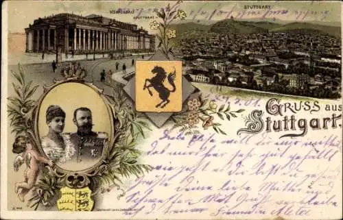 Wappen Litho Stuttgart in Württemberg, Königsbau, König Wilhelm II. von Württemberg mit Gemahlin