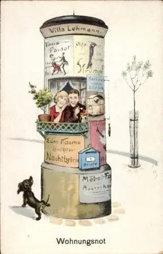 Künstler Ak Scheuermann, Willi, Wohnungsnot, Liebespaar wohnt in einer Litfaßsäule, Dackel