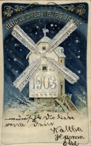 Präge Litho Glückwunsch Neujahr, Windmühle im Schneefall, Jahreszahl 1903