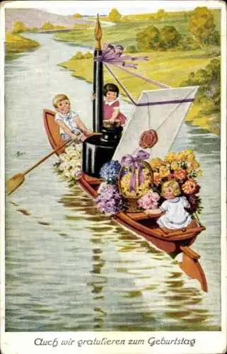 Ak Glückwunsch Geburtstag, Ruderboot mit Blumen, Füller, Tintenfass