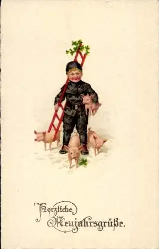 Ak Glückwunsch Neujahr, Schornsteinfeger mit Schweinen