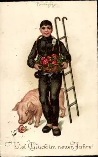 Ak Glückwunsch Neujahr, Schornsteinfeger, Schwein, Korb mit Pilzen und Klee