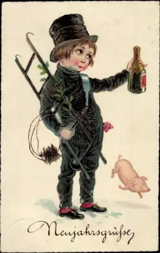 Ak Glückwunsch Neujahr, Schornsteinfeger mit Sekt und Schwein