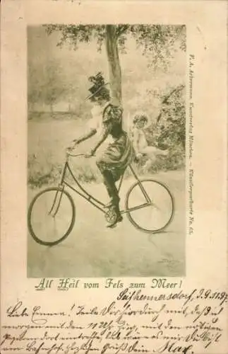 Ak Frau und Engel auf einem Fahrrad, All Heil vom Fels zum Meer