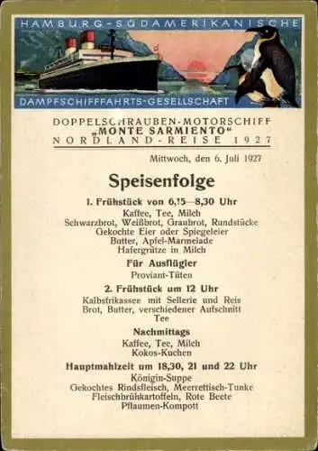 Ak Motorschiff Monte Sarmiento, HSDG, Speisenfolge 6. Juli 1927, Nordlandreise, Pinguin