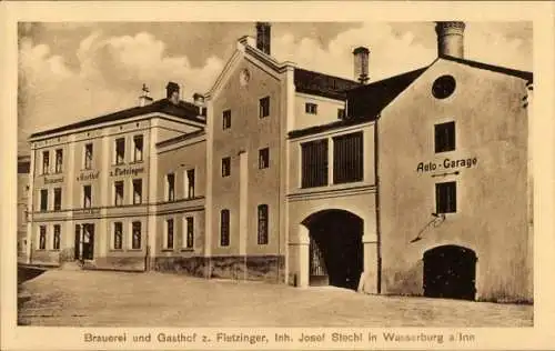 Ak Wasserburg am Inn in Oberbayern, Brauerei und Gasthof z. Fletzinger, Autogarage