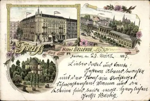 Litho Aachen in Nordrhein Westfalen, Hotel Bellevue, Belvedere Lousberg, Elisenbrunnen