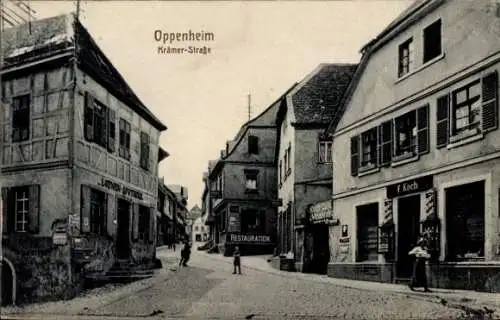 Ak Oppenheim am Oberrhein, Löwen-Apotheke, Krämerstraße, F. Koch's Café und Weinstube, Restauration