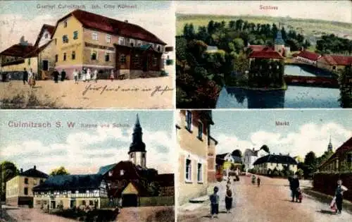 Ak Culmitzsch bei Berga an der Elster Thüringen, Schloss, Markt, Kirche, Schule, Gasthof