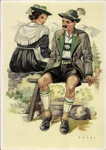 Künstler Ak Knabe, Bayrische Landestrachten, Mann und Frau