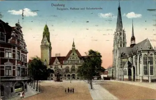 Ak Duisburg im Ruhrgebiet,, Burgplatz, Rathaus, Salvatorkirche