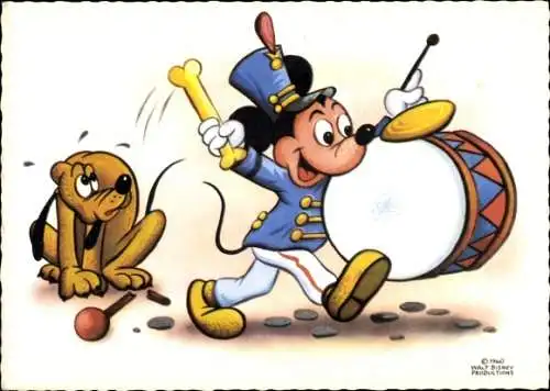 Künstler Ak Walt Disney, Micky Maus, Pluto, Trommel