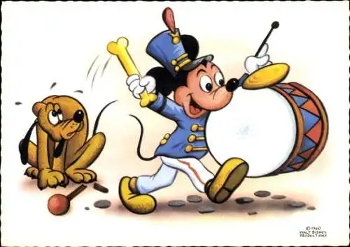 Künstler Ak Walt Disney, Micky Maus, Pluto, Trommel