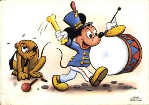 Künstler Ak Walt Disney, Micky Maus, Pluto, Trommel