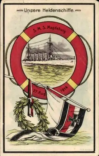 Passepartout Litho Kaiserliche Marine, Unsere Heldenschiffe, SMS Magdeburg, 27. August 1914