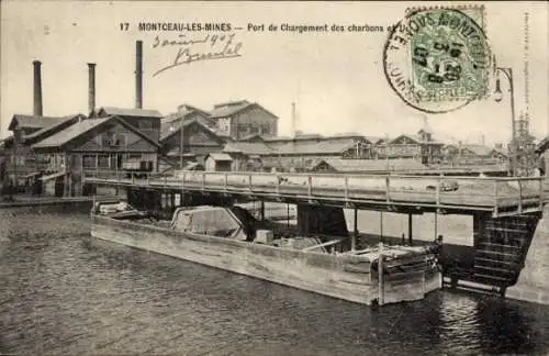 Ak Montceau les Mines Saône et Loire, der Hafen, Verladung von Kohlen