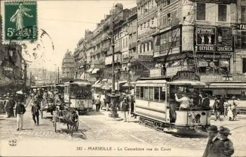 Ak Marseille Bouches du Rhône, La Cannebiere vue du Cours, Staßenbahn, Werbeschilder