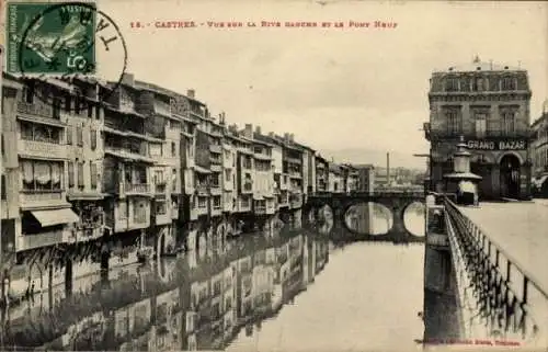 Ak Castres Tarn, Vue sur la Rive gauche et le Pont Neuf