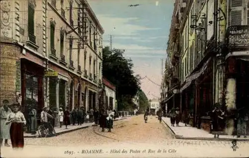 Ak Roanne Loire, Hotel des Postes, Rue de la Cote