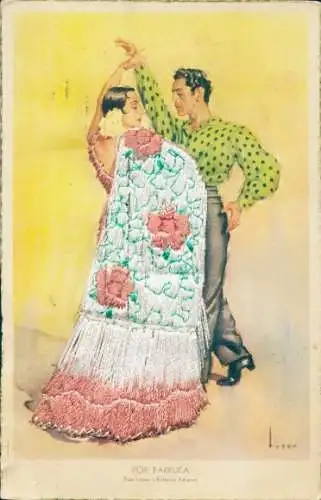 Seidenstick Künstler Ak Spanische Tracht, Tanzpaar