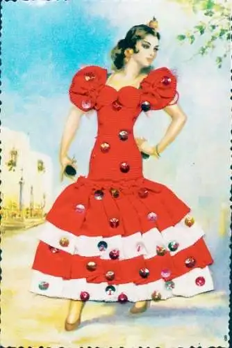 Stoff Ak Spanische Tracht, Frau in rotem Kleid