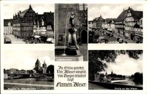 Ak Hameln an der Weser Niedersachsen, Hochzeitshaus, Lachsbrunnen, Osterstraße, Münster, Weserbrücke