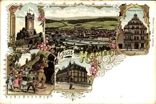 Litho Hameln an der Weser Niedersachsen, Gesamtansicht, Klütturm, Hotel Monopol, Rattenfänger