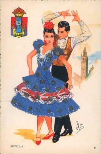 Seidenstick Künstler Ak Sevilla, Spanische Tracht, Tanzpaar, Wappen