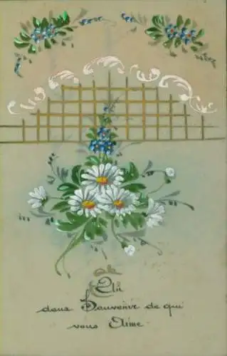 Zelluloid Ak Blumen, Margeriten, Vergissmeinnicht