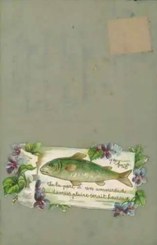 Zelluloid Ak Glückwunsch 1. April, Fisch, Veilchen