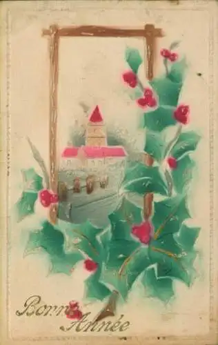 Präge Ak Glückwunsch Neujahr, Stechpalme, Kirche