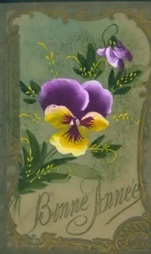 Zelluloid Ak Glückwunsch Neujahr, Stiefmütterchen