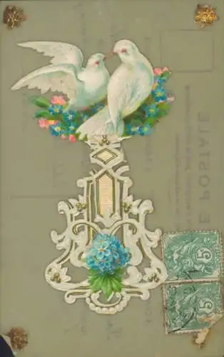 Zelluloid Ak Kitsch, Tauben, Vergissmeinnicht