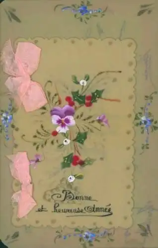 Zelluloid Ak Glückwunsch Neujahr, Blumen, Stoffschleifen